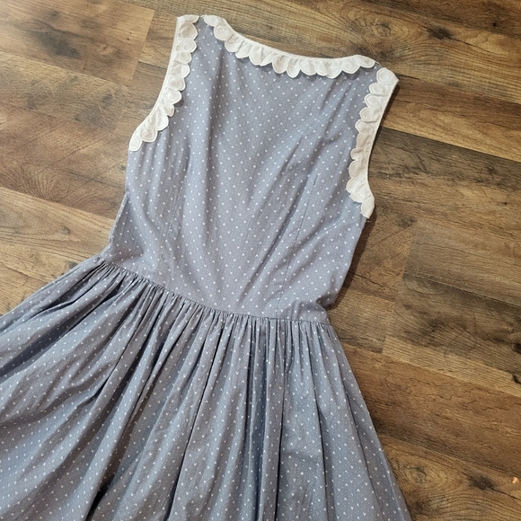 Vintage Handmade Blue & White Heart Detailing Embroidered Midi Dress Size Medium - Picture 9 of 9